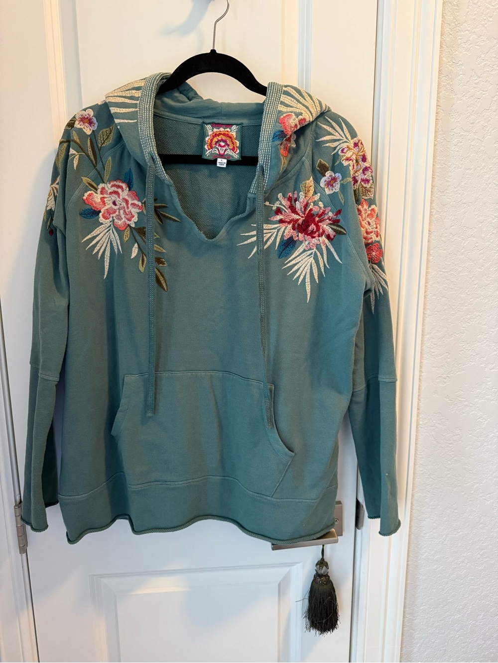 Johnny Was Embroidered Floral Cotton Pullover Hoodie Sweatshirt Womens Large